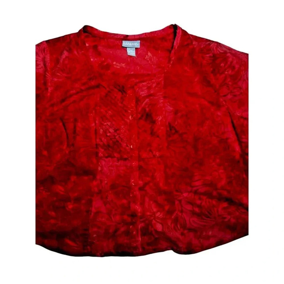 Liz & Me -Red Sheer Floral Burnout Blouse Women’s Short Sleeve Lightweight Top - Picture 2 of 6
